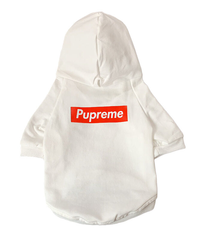 White dog hoodie with red Pupreme box logo streetwear style