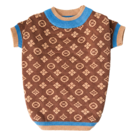 Brown knit dog sweater with V monogram pattern and blue ribbed trim Louis Vuitton inspired