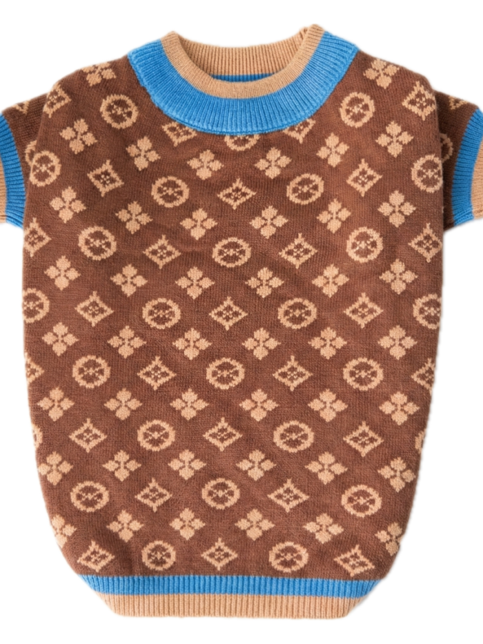 Brown knit dog sweater with V monogram pattern and blue ribbed trim Louis Vuitton inspired