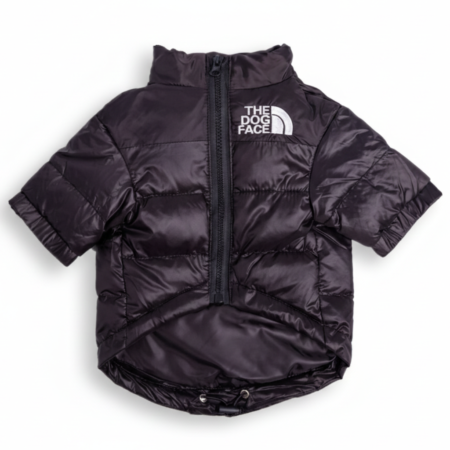 Black quilted dog puffer jacket North Face style with TDF logo on chest
