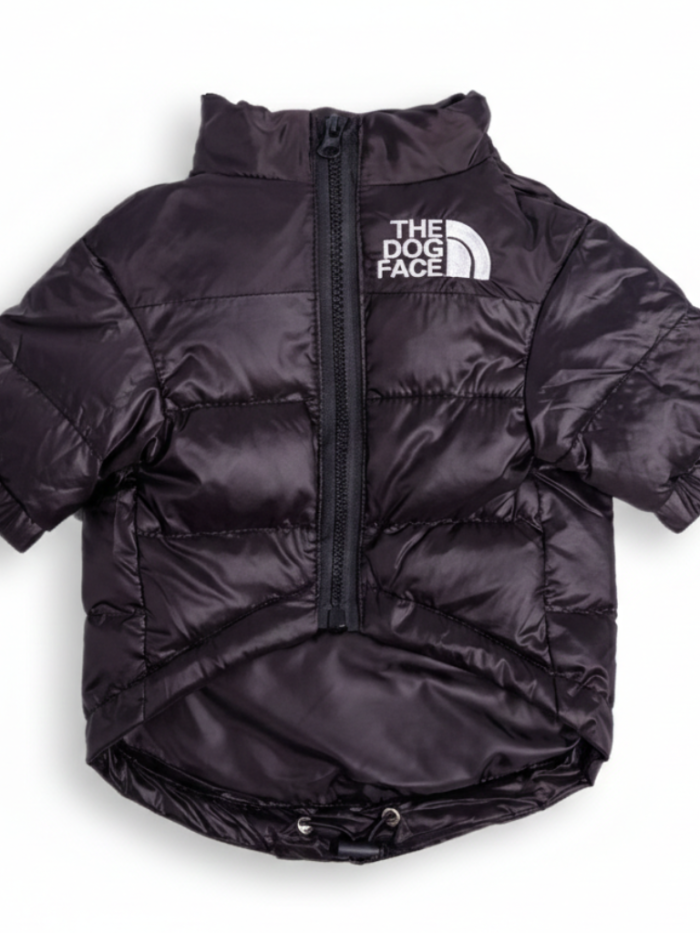Black quilted dog puffer jacket North Face style with TDF logo on chest