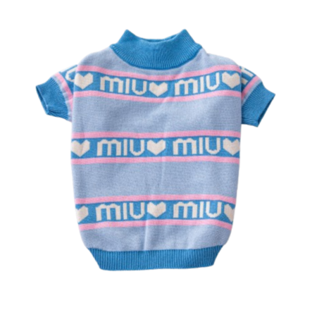 Gray knit dog sweater with heart and miu logo pattern striped design Miu Miu style