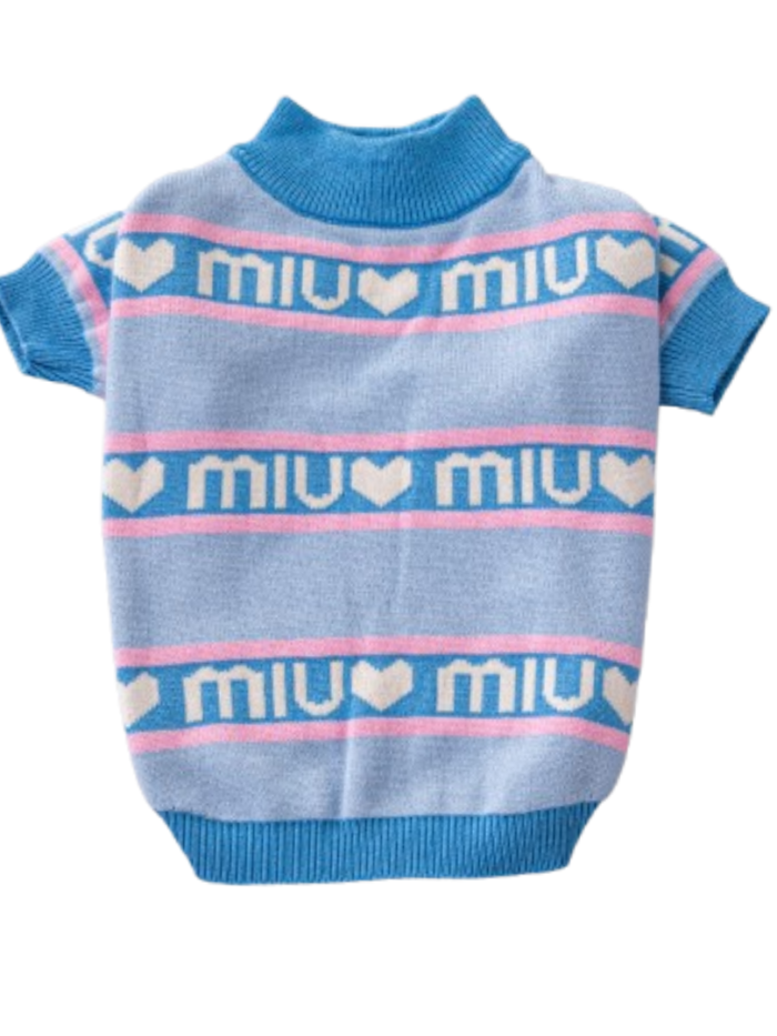 Gray knit dog sweater with heart and miu logo pattern striped design Miu Miu style
