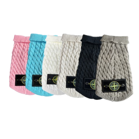 Cable knit dog sweaters Stone Island style with compass logo patch in multiple colors