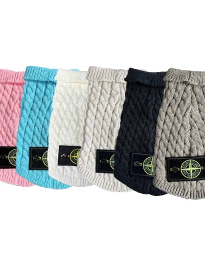 Cable knit dog sweaters Stone Island style with compass logo patch in multiple colors