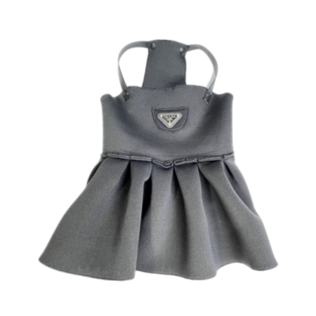 Gray pleated dog dress with Pawda triangle logo Prada inspired designer dress
