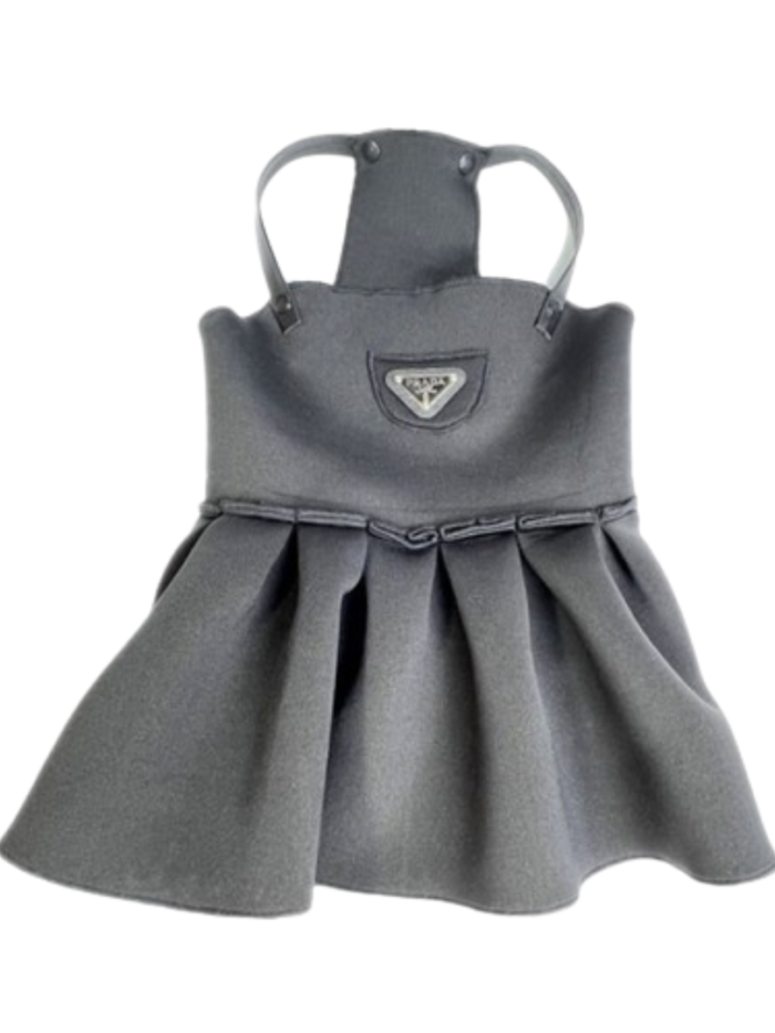 Gray pleated dog dress with Pawda triangle logo Prada inspired designer dress