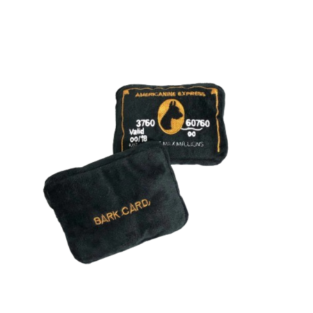 Americanine Express plush toy showing credit card details with dog silhouette logo and golden accents