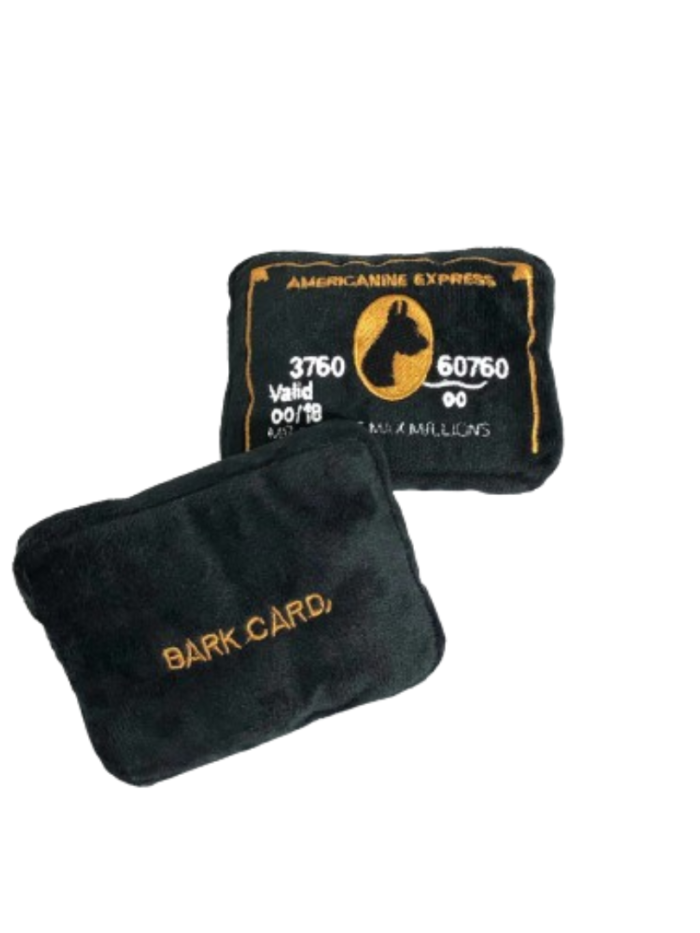 Americanine Express plush toy showing credit card details with dog silhouette logo and golden accents