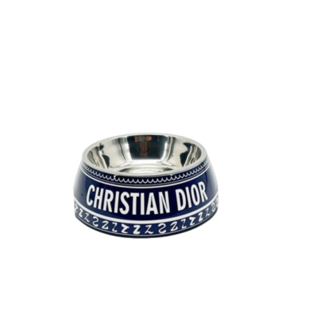 Navy blue designer dog bowl with CHRISTIAN DIOR text and stainless steel interior Dior inspired