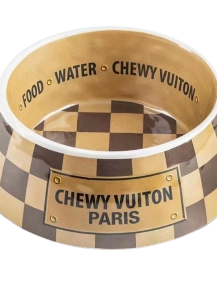 Brown and tan checkered dog bowl with Chewy Vuitton Paris nameplate Louis Vuitton inspired