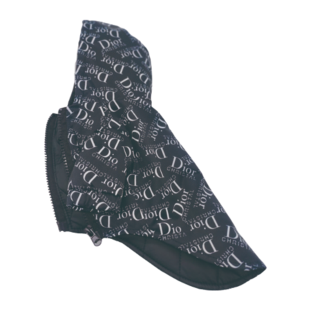Side view navy hooded dog jacket with Dior inspired oblique branding pattern