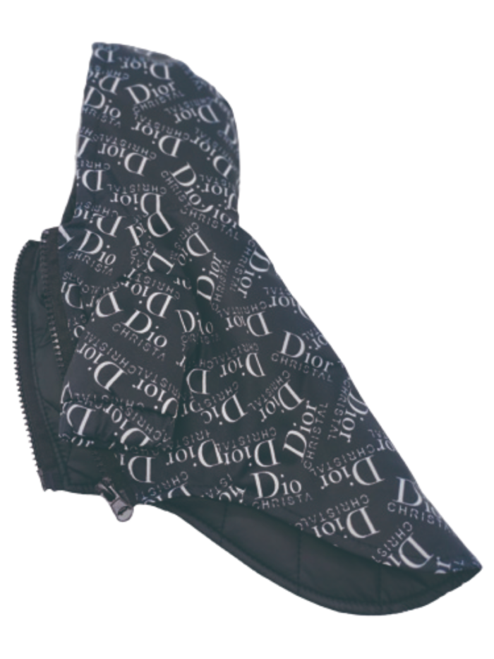 Side view navy hooded dog jacket with Dior inspired oblique branding pattern