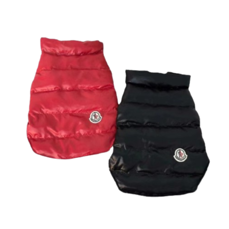 Red and black quilted dog puffer vests Moncler style with mountain badge