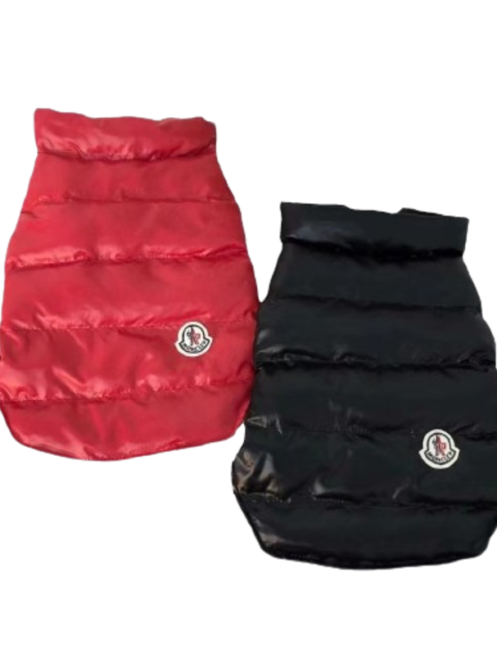 Red and black quilted dog puffer vests Moncler style with mountain badge