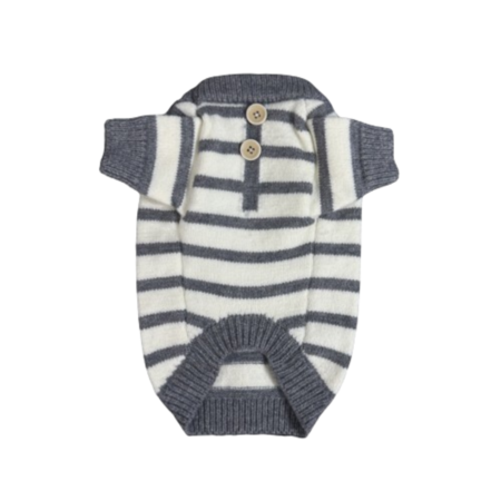 Gray and cream striped dog sweater Ralph Lauren style with button placket detail
