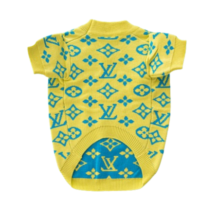 Back view of yellow knit dog sweater with blue V monogram print all over
