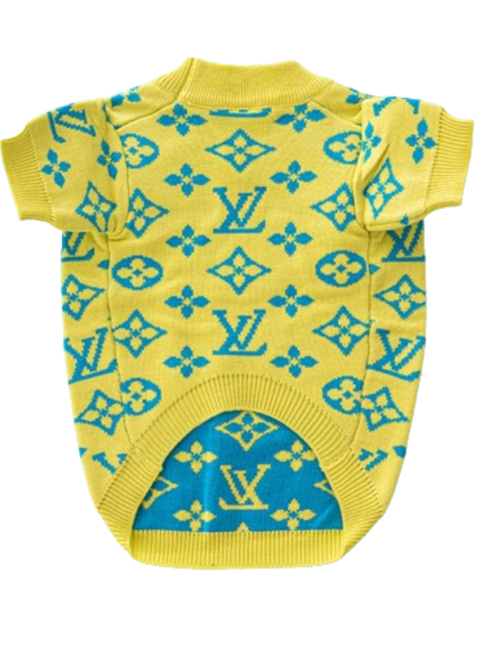 Back view of yellow knit dog sweater with blue V monogram print all over