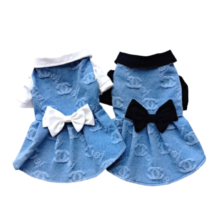 Blue denim dog dress Chanel inspired with CC monogram and white bow tie