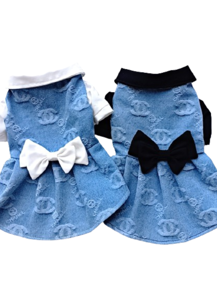 Blue denim dog dress Chanel inspired with CC monogram and white bow tie