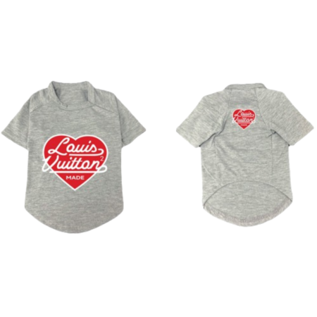 Grey dog tee with red heart logo Louis Vuitton inspired design front and back view