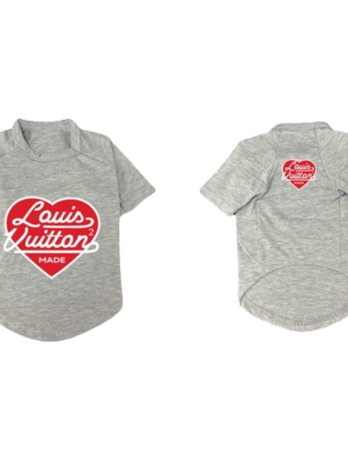 Grey dog tee with red heart logo Louis Vuitton inspired design front and back view