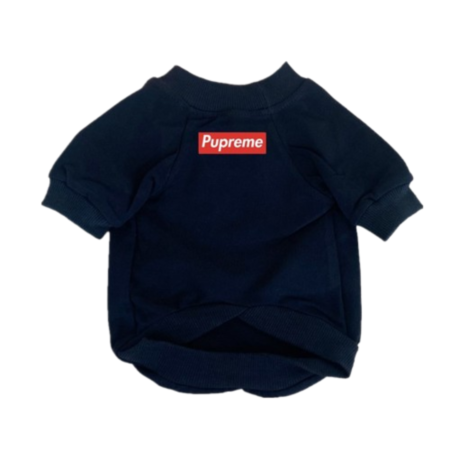 Navy Pupreme box logo dog sweater flat lay Supreme style streetwear