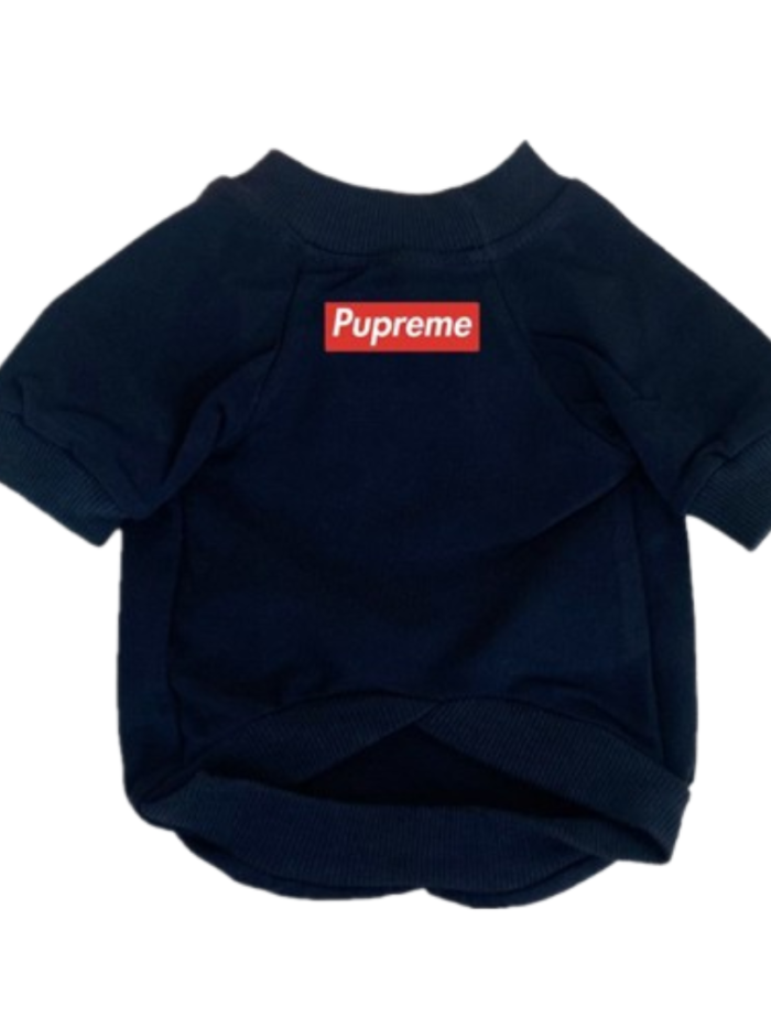 Navy Pupreme box logo dog sweater flat lay Supreme style streetwear