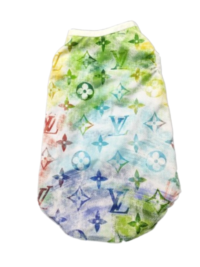 Rainbow gradient LV monogram tank vest for dogs with watercolor print pattern