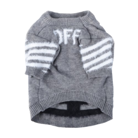 Gray Off-White inspired dog sweater with striped sleeves and ribbed collar