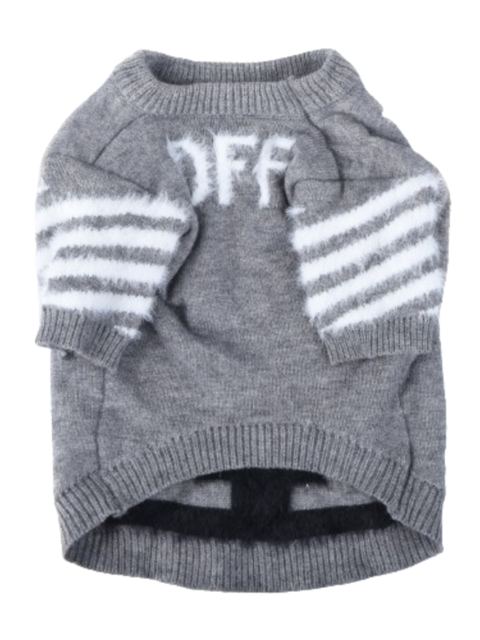 Gray Off-White inspired dog sweater with striped sleeves and ribbed collar