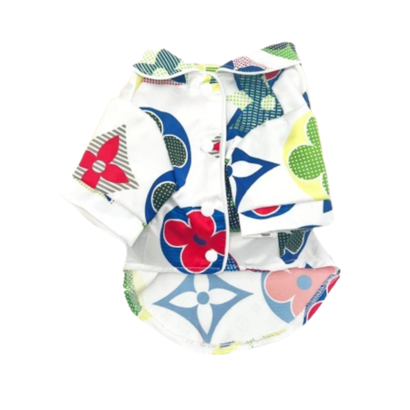 White dog shirt with multicolor Louis Vuitton inspired monogram print featuring red flowers and blue diamonds