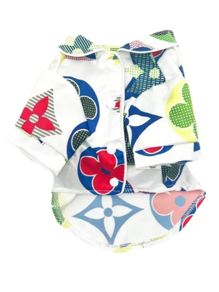 White dog shirt with multicolor Louis Vuitton inspired monogram print featuring red flowers and blue diamonds