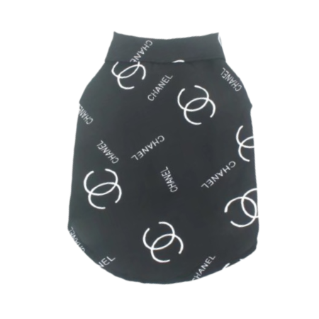 Black dog polo shirt with white Chanel CC logos all-over print inspired by Chanel