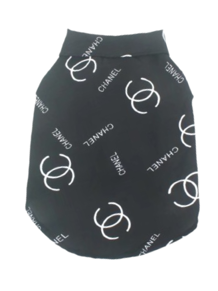 Black dog polo shirt with white Chanel CC logos all-over print inspired by Chanel