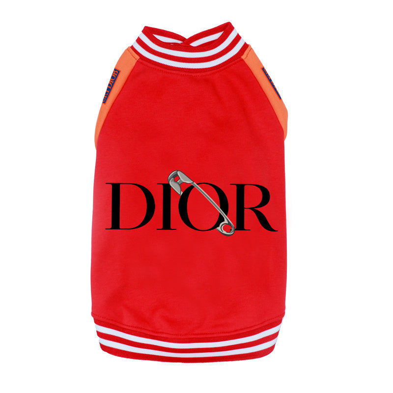 Red varsity bomber jacket for dogs with ski patches and athletic styling