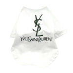 White dog tee with black YSL logo Yves Saint Laurent parody design
