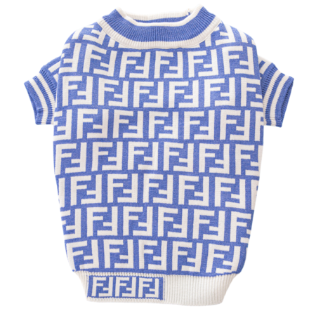 Blue and cream Fendi inspired dog sweater with double-F zucca monogram pattern