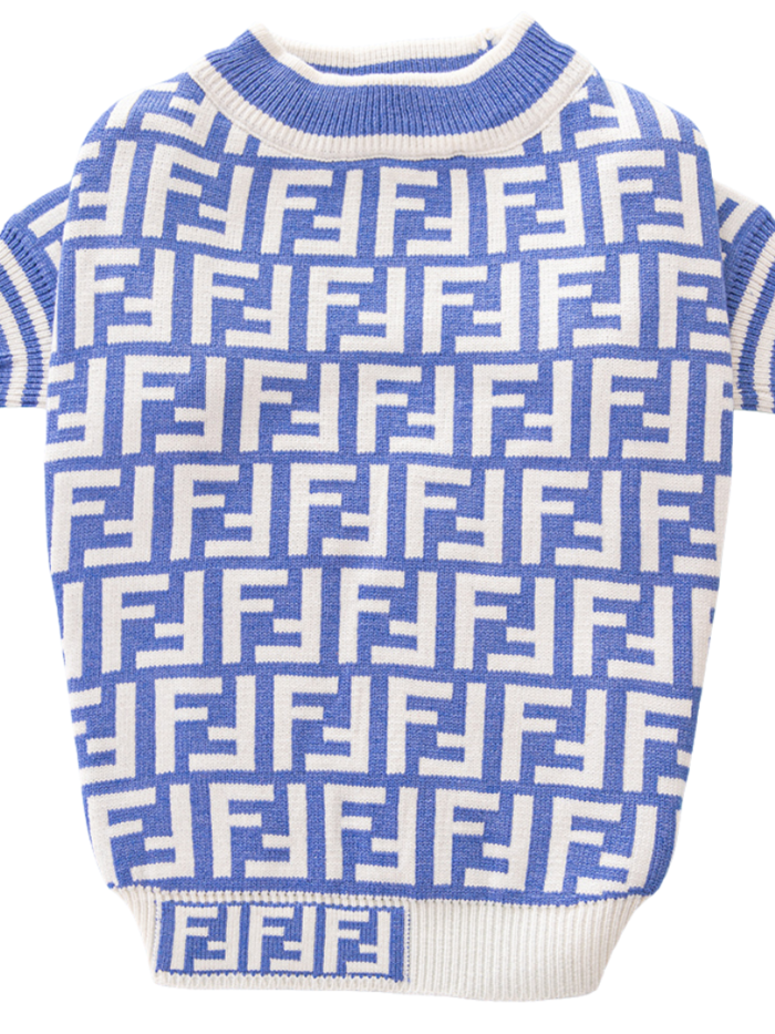 Blue and cream Fendi inspired dog sweater with double-F zucca monogram pattern