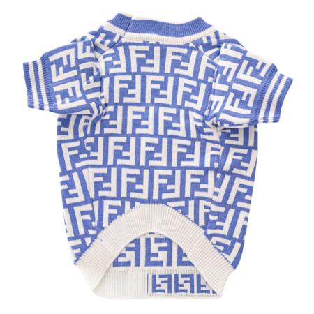 Back view of blue monogram dog sweater with ribbed crew neck and cuffs