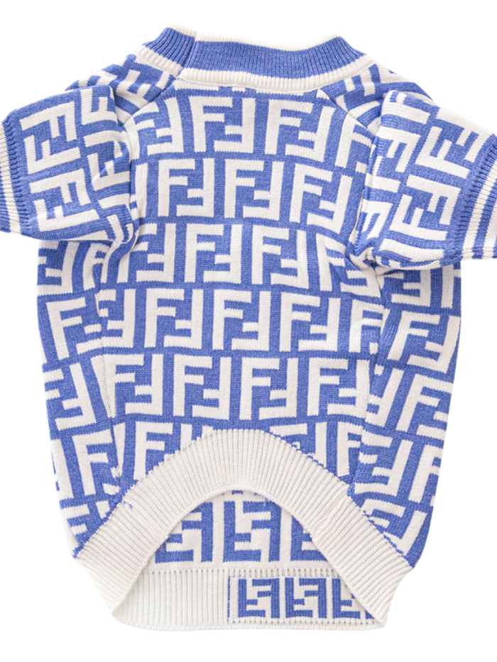 Back view of blue monogram dog sweater with ribbed crew neck and cuffs