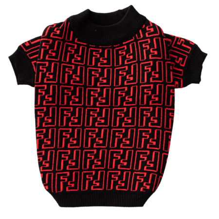 Red jacquard dog sweater with FF monogram pattern inspired by Fendi