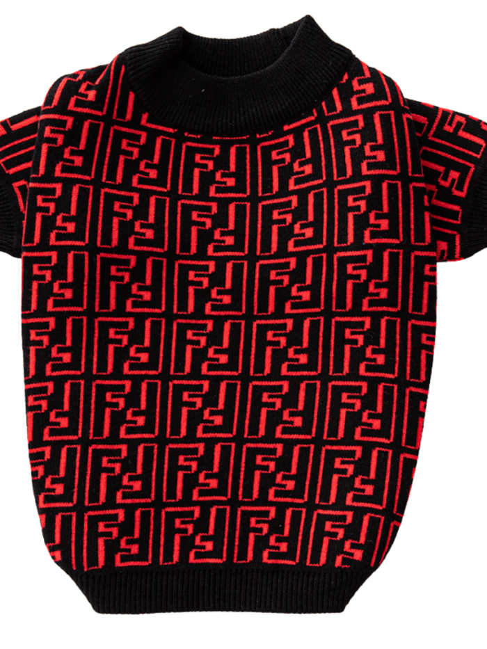 Red jacquard dog sweater with FF monogram pattern inspired by Fendi
