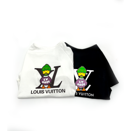 Black and white dog tees with cartoon duck LV style graphic laid flat