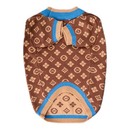 Back view brown V monogram dog sweater with contrast blue and tan ribbed trim and bow detail