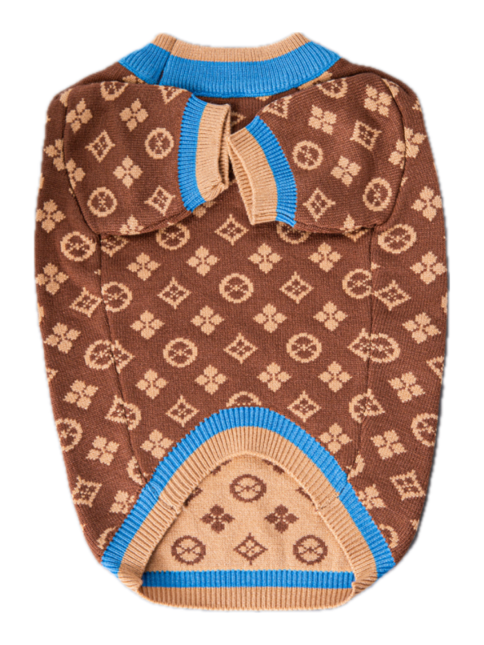 Back view brown V monogram dog sweater with contrast blue and tan ribbed trim and bow detail