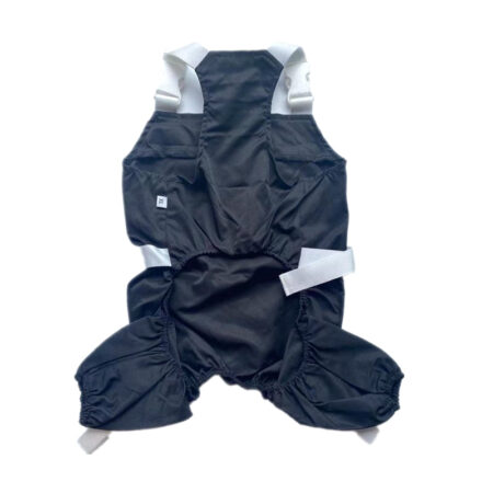 Back view of black dog jumpsuit with adjustable leg straps and elastic cuffs