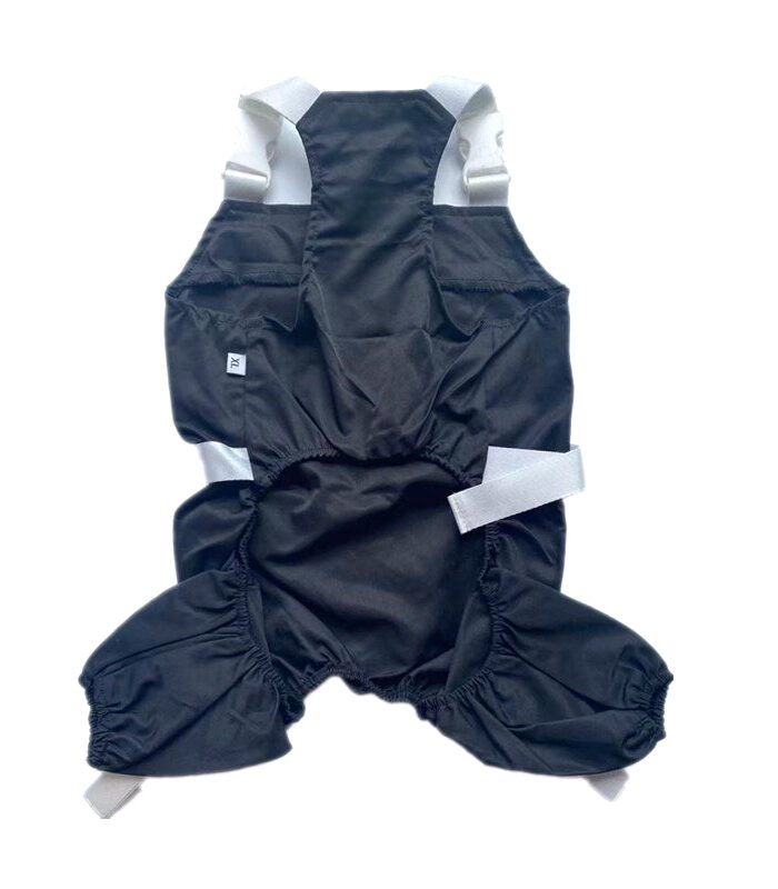 Back view of black dog jumpsuit with adjustable leg straps and elastic cuffs