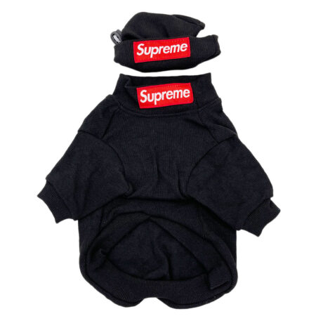 Black ribbed dog hoodie and hat set Supreme style with red box logo