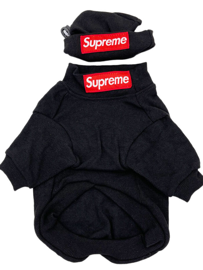 Black ribbed dog hoodie and hat set Supreme style with red box logo